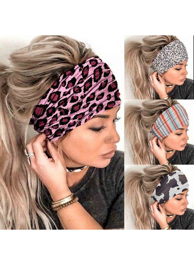 Olbye أربطة رأس بوهيمية للنساء، أربطة رأس عريضة، توربان مرن غير قابل للانزلاق، أربطة شعر للتمارين الرياضية، يوغا، أوشحة شعر، أربطة عرق للجري، لفات رأس أفريقية بوهيمية، إكسسوارات شعر عصرية للنساء والفتيات (H نمط الفهد) - Image 1