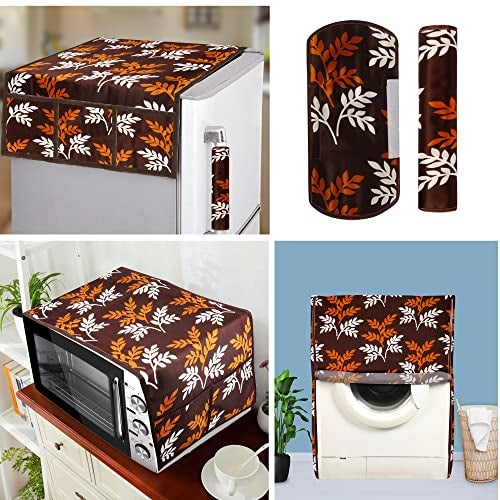 E-Retailer® Exclusive 3-Layered Polyester Combo Set of Appliances Cover (1 Pc. Fridge Top Cover, 2 Pc. Handle Cover, 1 Pc. of Microwave Oven Top Cover and 1 Pc. Front Load Washing Machine Cover) (Color-Brown, Design-Leaf, Set Contains-3 Pcs.) - Image 1
