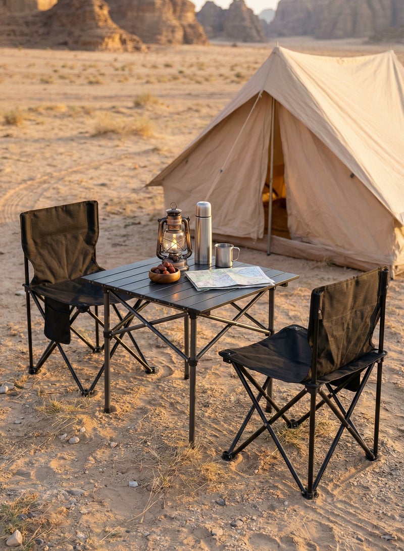 Taimi 3-Piece Camping Set - Camping Table and 2 Chairs with Carrying Bag, Folding Table 60x51x53cm, with 2 Folding Chairs with Steel Frame and Side Pocket - Black - Image 1
