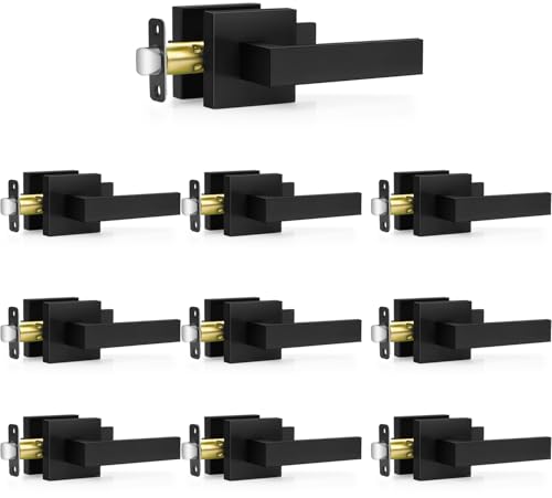 Plustool 10 Pack Matte Black Door Handles, Passage Door Levers for Hall & Closet, Interior Door Knobs Heavy Duty Square Non-Locking Handlesets (2.0lb), Reversible for Left & Right Sided Doors - Image 1