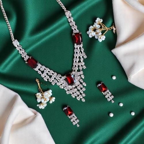 ACCESSHER Silver Plated Red Stone Necklace | Latest Stylish Pendent for wedding, party, special occasions for Women & Girls (Ruby Red) - Image 3