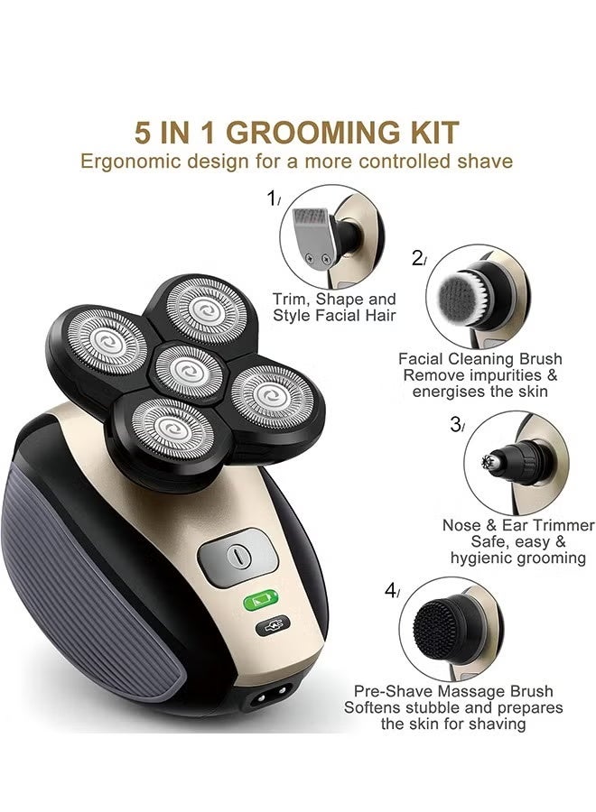 ماكينة حلاقة للصلع للرجال - ترقية ماكينة حلاقة الرأس الكهربائية 5 في 1 للرجال الصلع، ماكينة حلاقة لاسلكية مقاومة للماء بنسبة 100%، حلاقة رطبة/جافة، 5 رؤوس مزدوجة المسارات، التقاط الشعر بدون فوضى - Image 3