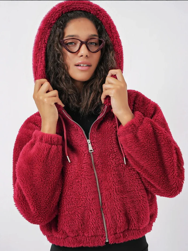 بيغ دارت هودي قصير بغطاء رأس بطبعة جلد الفهد من الفرو الصناعي من