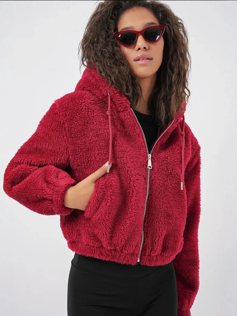 بيغ دارت هودي قصير بغطاء رأس بطبعة جلد الفهد من الفرو الصناعي من