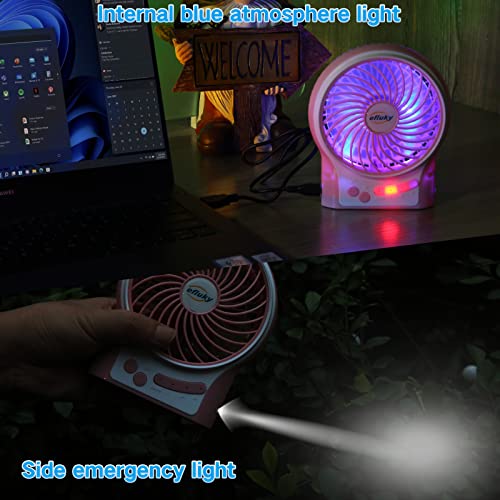 efluky مروحة مكتب صغيرة ثلاث سرعات مع ضوء LED، مروحة USB محمولة هادئة للمنزل، المكتب، السفر، التخييم، في الهواء الطلق، في الداخل، 4.9 بوصة، وردي - Image 4