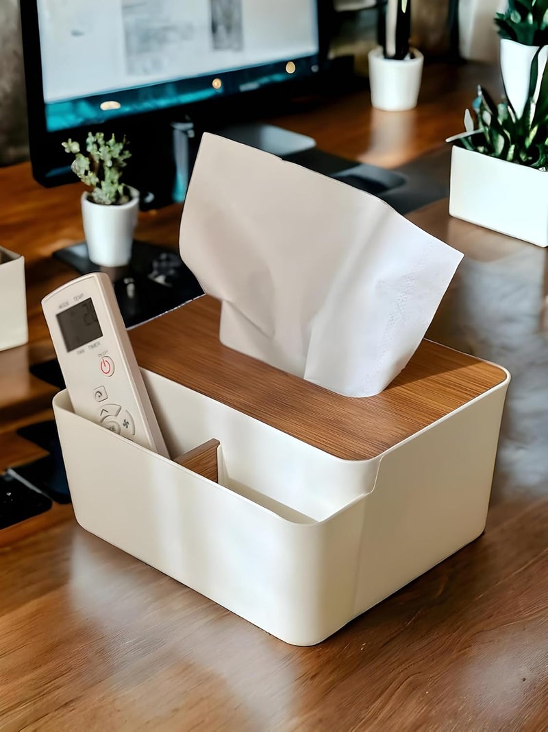 Jinila Tissue Paper Holder with 2 Compartment Plastic Tissue and Stationery Storage Box with Bamboo Cover for Home Office and Vanity Pack of 1 White - Image 4