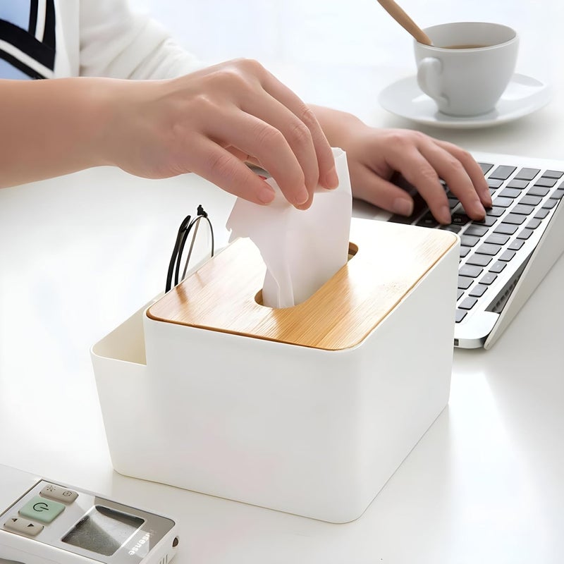 Jinila Tissue Paper Holder with 2 Compartment Plastic Tissue and Stationery Storage Box with Bamboo Cover for Home Office and Vanity Pack of 1 White - Image 3