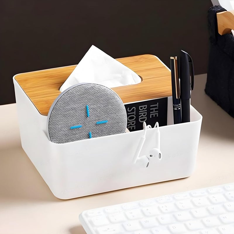 Jinila Tissue Paper Holder with 2 Compartment Plastic Tissue and Stationery Storage Box with Bamboo Cover for Home Office and Vanity Pack of 1 White - Image 5