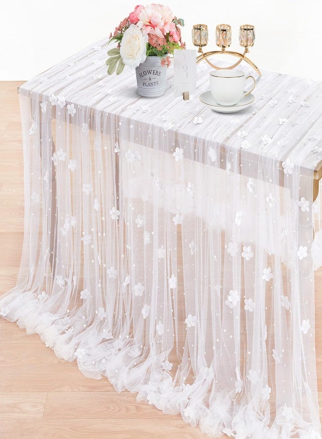 LuoluoHouse White Pearl Tulle Tablecloth: 10ft Flower Pearl Table Runner Tulle Fabric Wedding Lace Tablecloth Arch for Bridal Shower Veil Baby Shower Sweetheart Table Decorations - Image 4