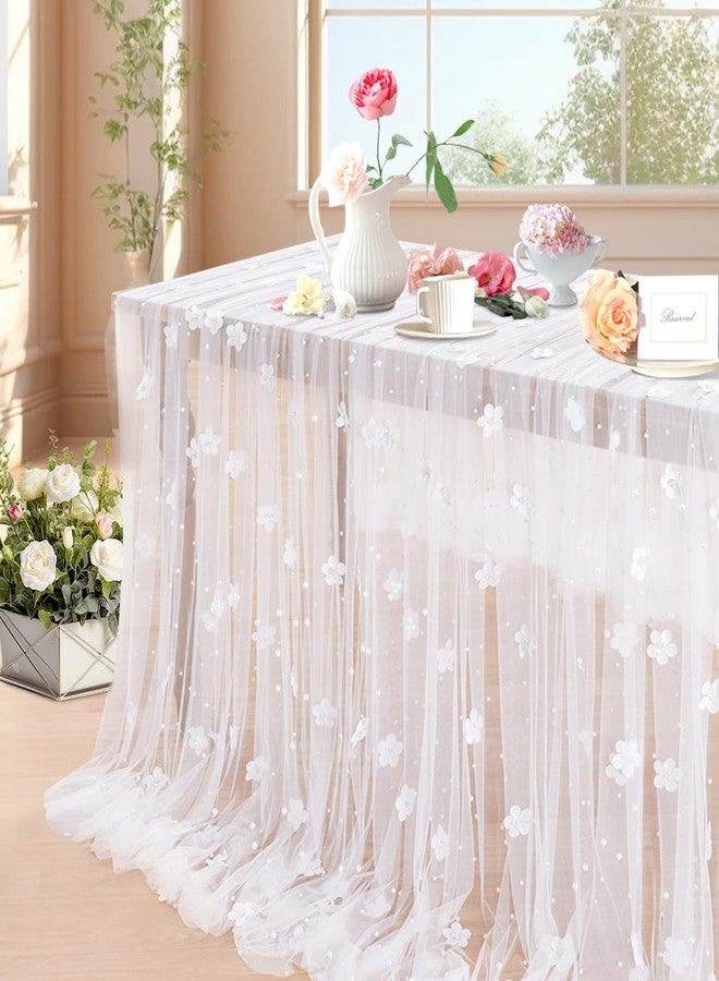 LuoluoHouse White Pearl Tulle Tablecloth: 10ft Flower Pearl Table Runner Tulle Fabric Wedding Lace Tablecloth Arch for Bridal Shower Veil Baby Shower Sweetheart Table Decorations - Image 1