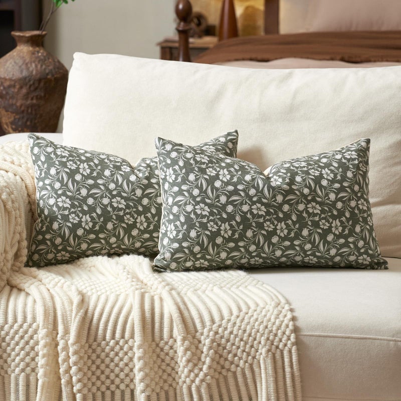 Aeckself Neutral Floral Lumbar Pillow Covers 12x20 Set of 2 Vintage Block Print Throw Pillow Covers Decorative Farmhouse Accent Couch Pillows for Living Room Bedroom Green