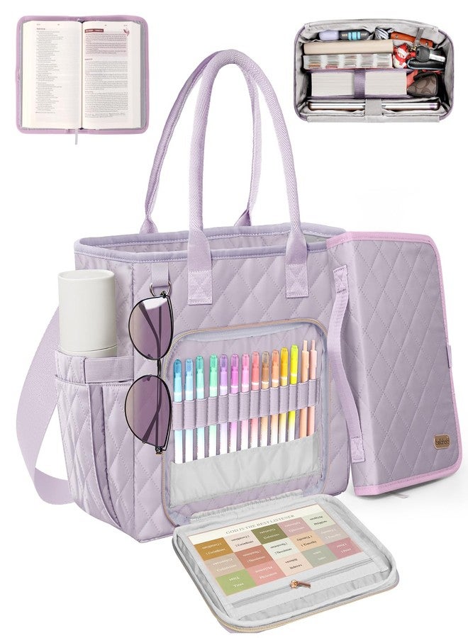 BellaHold Large Bible Bag with Bible Cover Case for Women, Church Bag with Shoulder Strap, Quilted Bible Cover for Bible Study Supplies, a Christian Gift for Women, Light Purple - Image 1