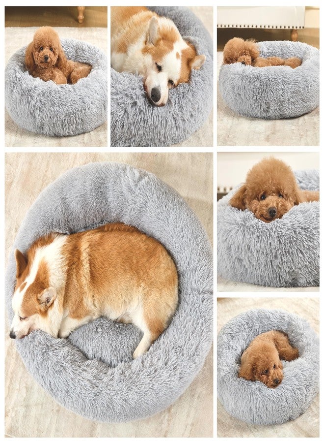 Kimpets Dog Calming Beds for Small Medium Large Dogs - Round Donut Washable Puppy Dog Bed, Anti-Slip Faux Fur Fluffy Donut Cuddle Anxiety Cat Pet Bed(Light Grey 20") - Image 3