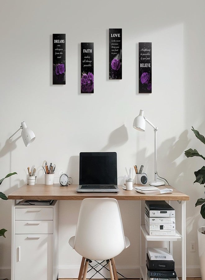 DONFENTHY 4 Pcs Purple Bathroom Decor Purple Rose Wooden Wall Decor Inspirational Farmhouse Signs With Faith Love Dream Believe Purple Decor For Women Office Bedroom Home Gift(Purple 12x4Inch) - Image 3