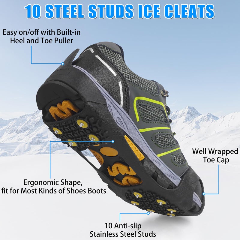 JSHANMEI Ice Cleats for Shoes and Boots Men Women Winter Walking Ice Snow Cleats Anti Slip Snow Traction Shoes Crampons 10 Steel Studs Overshoe Slip-on Stretch Rubber Footwear - Image 2