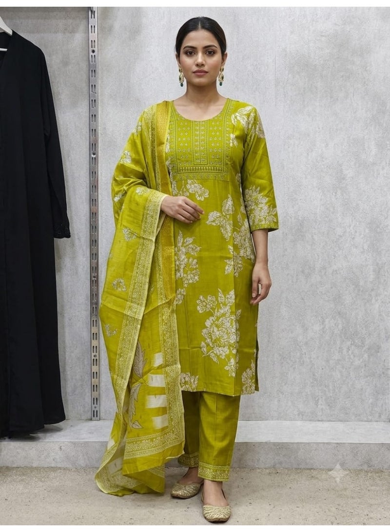 Lime Green Floral Print Kurti Set with Dupatta