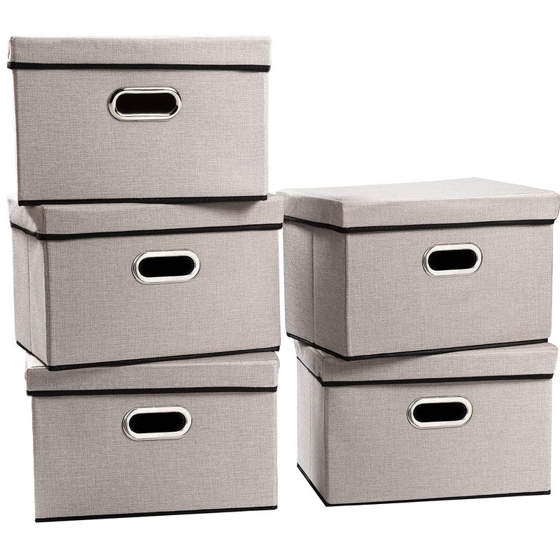 PRANDOM Foldable Storage Bin with Lid 5Pack Linen Fabric Decorative Storage Box Organizer Container Basket Cube with Handles Divider for Closet Office Living Room Light Grey149x98x98