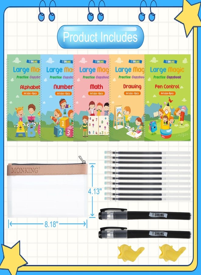 Monking Large Magic Grooved Practice Copybook 5 Pack with Pen Bag, Reusable Children's Magic Copybooks, Magical Handwriting Workbooks Number Letter Tracing for Kids Age 3-8 Kindergarten Preschool Calligraphy - Image 3