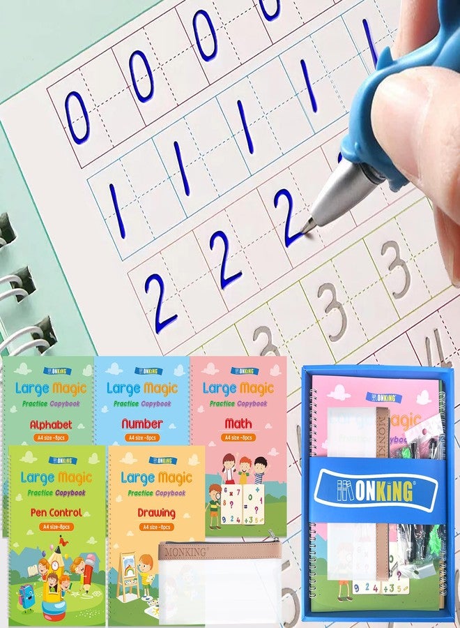 Monking Large Magic Grooved Practice Copybook 5 Pack with Pen Bag, Reusable Children's Magic Copybooks, Magical Handwriting Workbooks Number Letter Tracing for Kids Age 3-8 Kindergarten Preschool Calligraphy - Image 1