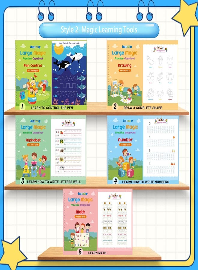 Monking Large Magic Grooved Practice Copybook 5 Pack with Pen Bag, Reusable Children's Magic Copybooks, Magical Handwriting Workbooks Number Letter Tracing for Kids Age 3-8 Kindergarten Preschool Calligraphy - Image 5