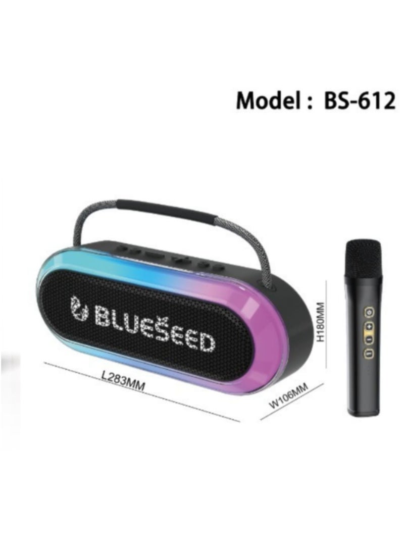 بلوسيد مكبر صوت كاريوكي لاسلكي عالي الطاقة بقوة 20 وات من BLUESEED BS-612 مصمم لمحبي الموسيقى والترفيه. يتميز ببطارية مدمجة قابلة للفصل، ودعم توصيل وتشغيل فلاش USB، ومخرج صوت عالي الجودة. مع تصنيف IPX6 لمقاومة الماء. - Image 2