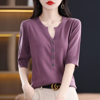Spring NEW round V-neck mid-sleeve cardigan popular versatile womens slimming loose sweater coat for women Lotus root purple 