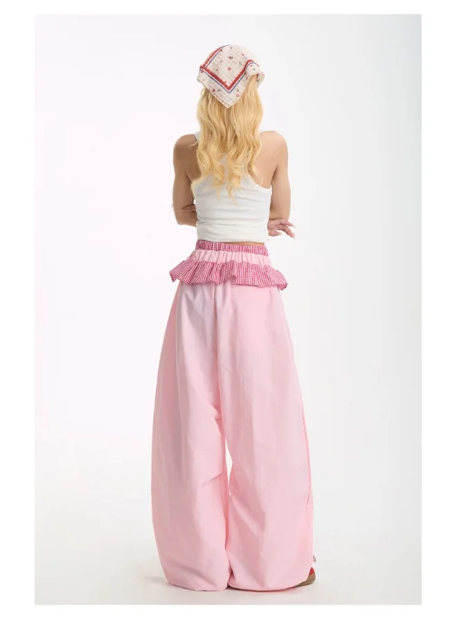 Madam Uniq Pink Dopamine Outfit Sweet Lace Patchwork Casual Pants Y2K Style