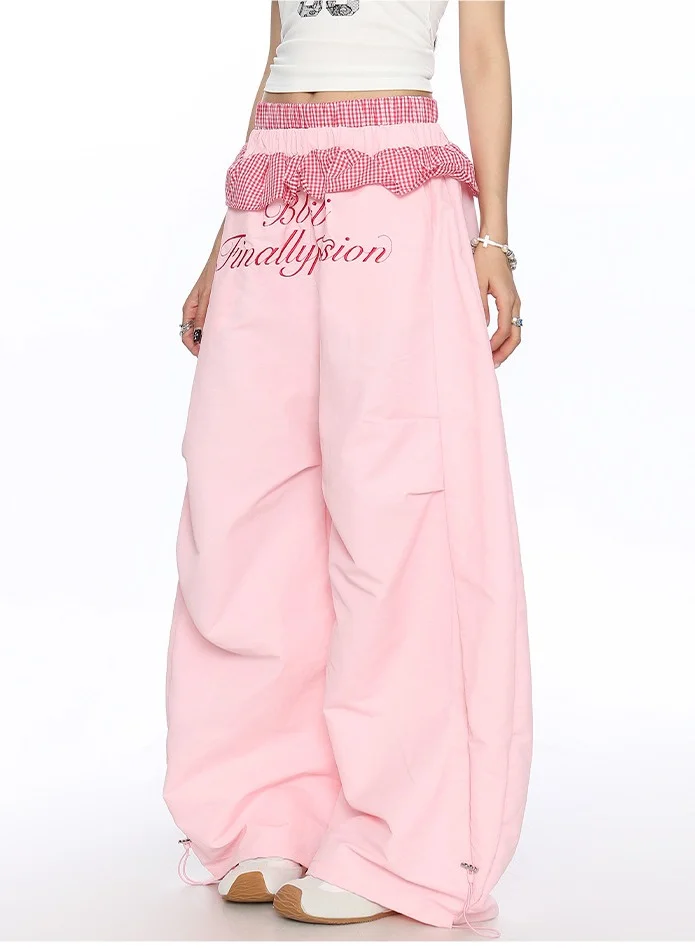 Madam Uniq Pink Dopamine Outfit Sweet Lace Patchwork Casual Pants Y2K Style