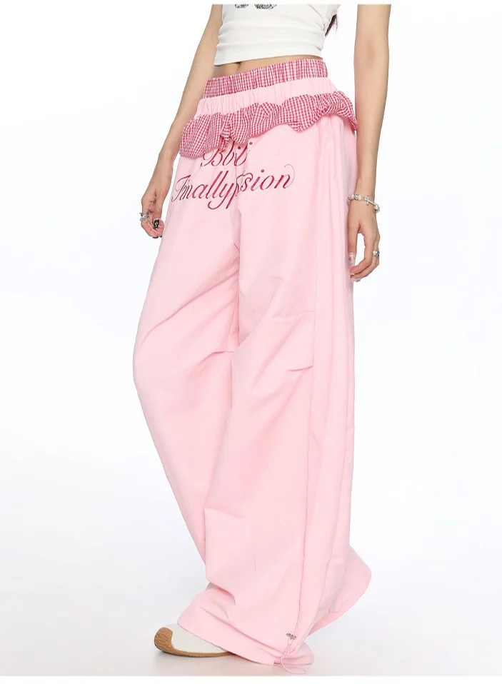 Madam Uniq Pink Dopamine Outfit Sweet Lace Patchwork Casual Pants Y2K Style