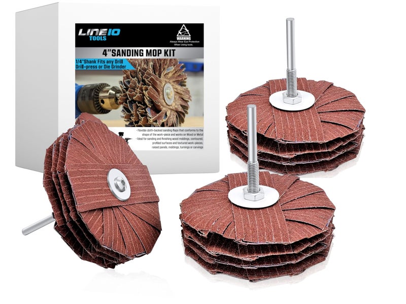 LINE10 Tools 4-inch Sanding Mop Kit, Moulding Flap Wheel Sander for Drill, 80, 120, 240 Grit Mop Sanders Brush, 1/4" Shank, Abrasive Flapper Sander for Woodworking, Contours, Finishing, Pack of 3 - Image 1