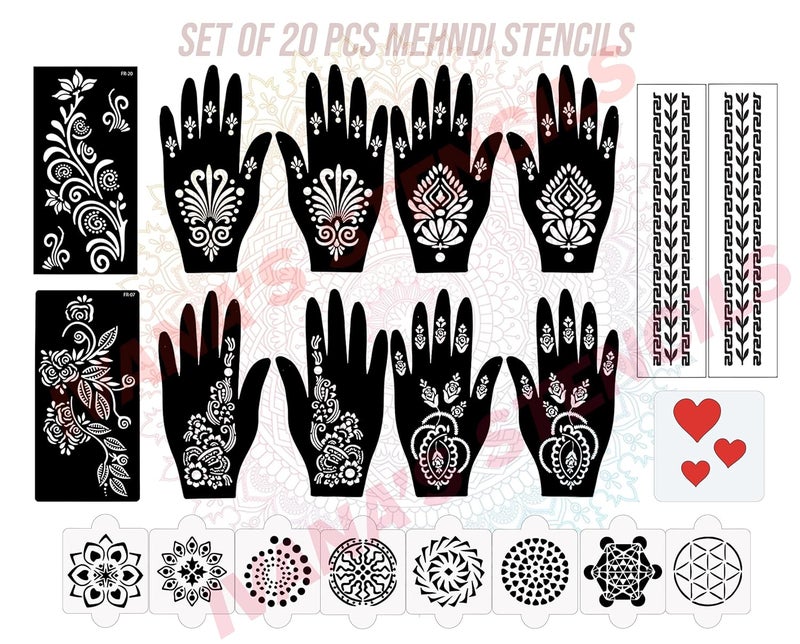 ivana's Ivanas Set of 20 Pcs Combo Pack Reusable Mehendi Tattoo Stickersfor Both Hands Easy To Use Best For Girls Women Kids  Teen New Mehandi Stencils Design Stickers D2297 - Image 1
