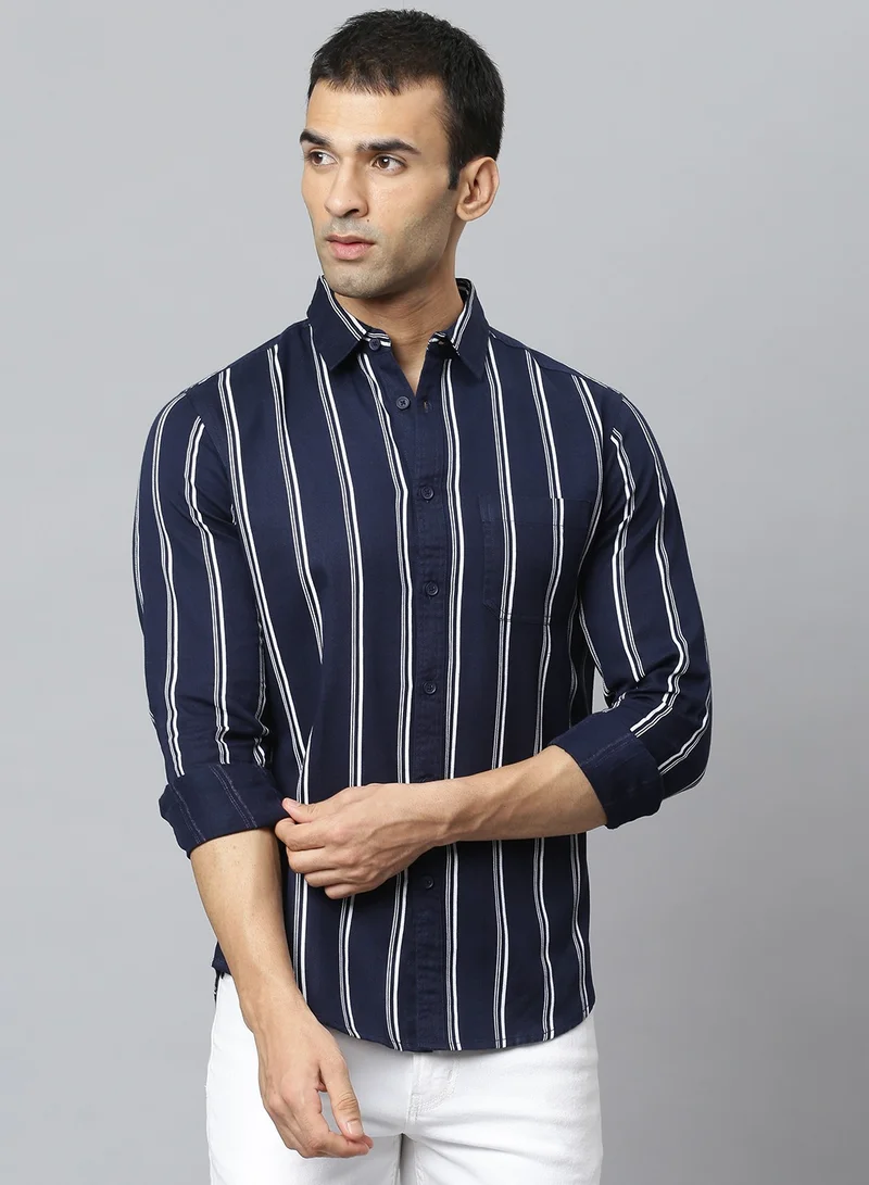 Dennis Lingo Slim Fit Navy Men's Solid Shirt, Spread Collar, Full Sleeves, 100% Cotton,
