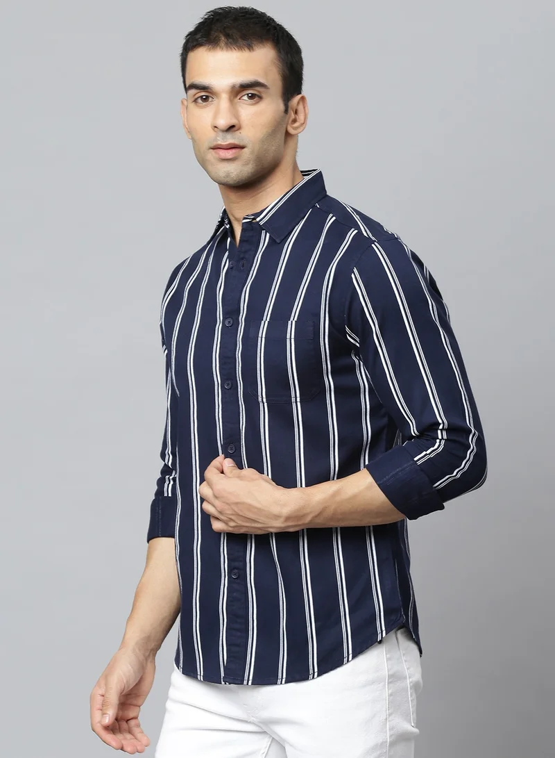 Dennis Lingo Slim Fit Navy Men's Solid Shirt, Spread Collar, Full Sleeves, 100% Cotton,