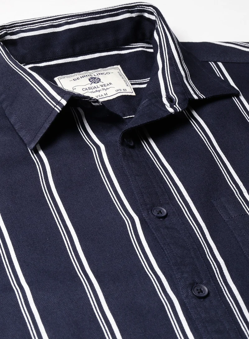 Dennis Lingo Slim Fit Navy Men's Solid Shirt, Spread Collar, Full Sleeves, 100% Cotton,