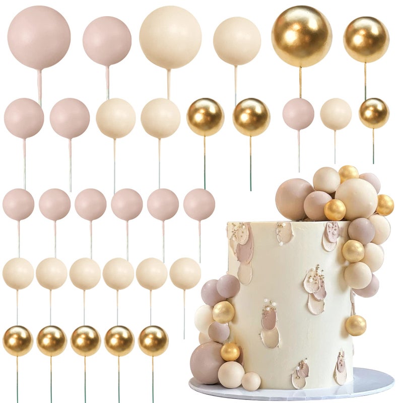 RASSLISA 32 PCS Ball Cake Picks Colorful Ball Shaped Cake Topper Pearl Balls Cupcake Cake Insert Topper for Birthday Party Wedding Decoration Supplies Apricot Gold Light Brown (Apricot Gold Light Brown) - Image 1