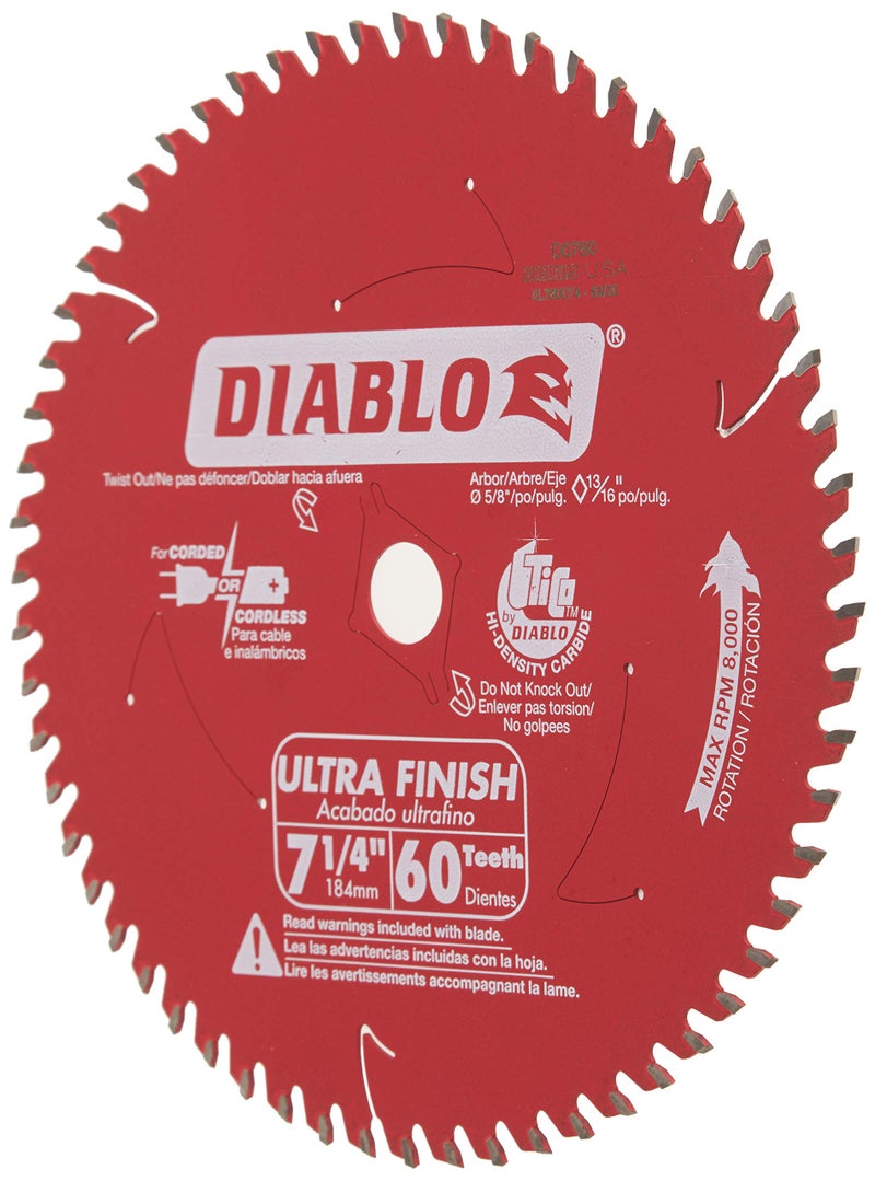 Diablo Ultra Finish Carbide Saw Blade for Wood - 7-1/4" Diameter, 60 ATB Teeth, 5/8" Arbor, .059" Kerf, 10� Hook Angle, .040" Plate, 8000 Max RPM - D0760A - Image 2