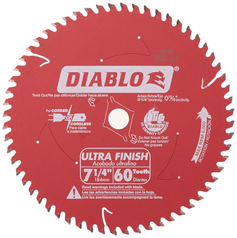 Diablo Ultra Finish Carbide Saw Blade for Wood - 7-1/4" Diameter, 60 ATB Teeth, 5/8" Arbor, .059" Kerf, 10� Hook Angle, .040" Plate, 8000 Max RPM - D0760A - Image 4