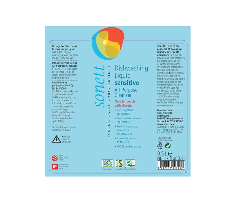 Sonett Organic Dishwashing Liquid  All Purpose Cleaner Sensitive Skin For People With Allergies (17 Fl.Oz (1 Count)) Certified Organically Grown - Image 2