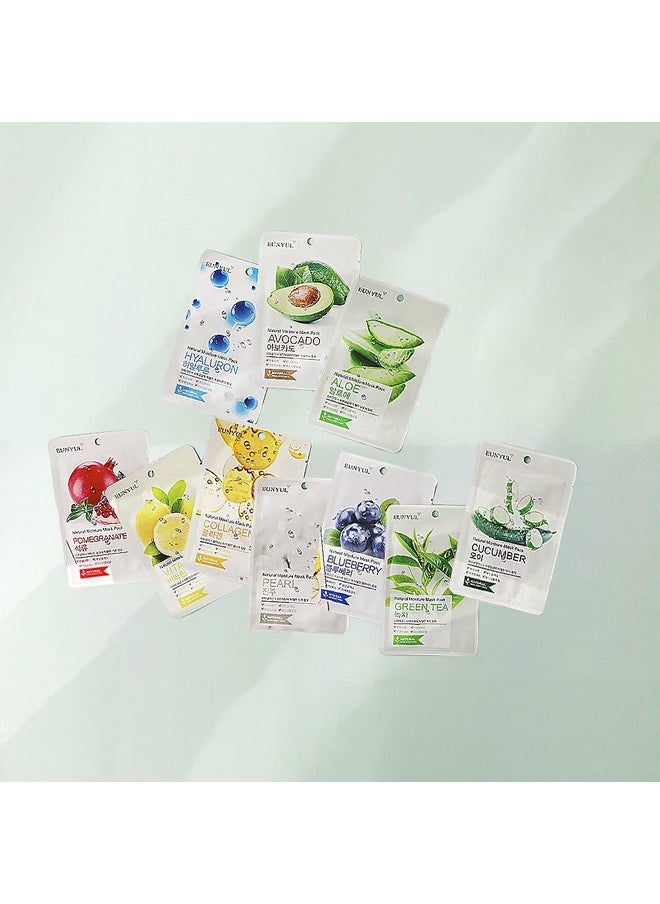 Eunyul [Pack Of 10] Natural Sheet Mask Pack 10 Types Korean Skincare Facial Mask Pack Aloe Collagen Pearl Hyaluron Avocado Pomegranate Vitamin Blueberry Green Tea Cucumber  - Image 4