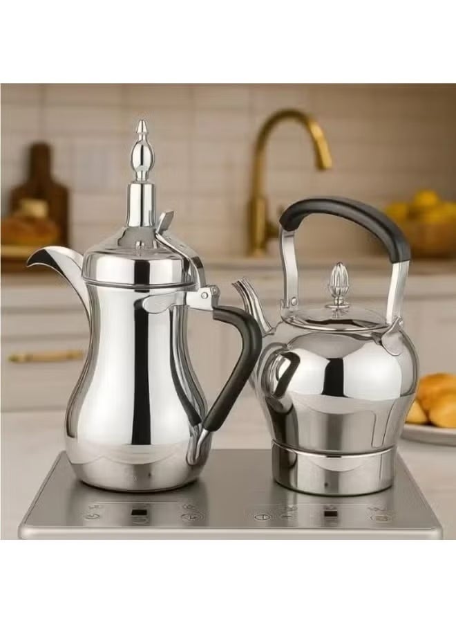 Denx DX3410 Arabic Coffee Dallah & Electric Tea Kettle Set, 1L Dallah and 1.2L Electric Kettle, Digital Heating Base, Stainless Steel Coffee Pot & Kettle Set, Electric Arabic Coffee Maker with UAE Plug - Image 3