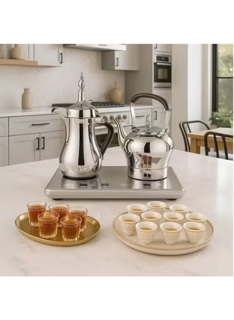 Denx DX3410 Arabic Coffee Dallah & Electric Tea Kettle Set, 1L Dallah and 1.2L Electric Kettle, Digital Heating Base, Stainless Steel Coffee Pot & Kettle Set, Electric Arabic Coffee Maker with UAE Plug - Image 2