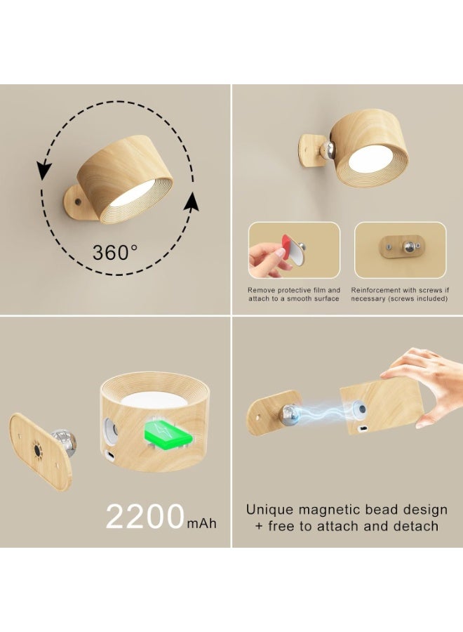 LED Sconces, LED Reading Lights, Wall Mounted Sconces with 3 Color Temperatures & 3 Brightness Levels, Rechargeable Battery USB Port , Magnetic Ball 360°Rotation Remote &Touch Control, Cordless Lights for Reading Bedside, Wood color  - Image 4