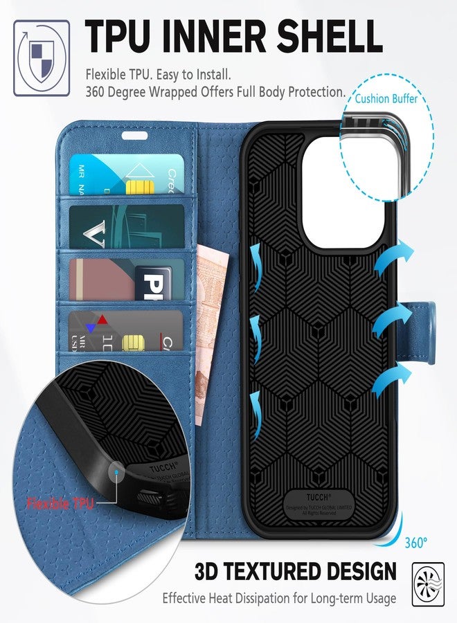 TUCCH Wallet Case for iPhone 16 Pro, Magnetic PU Leather Stand Flip Cover with 4 Card Slots [TPU Shockproof Interior Case] [RFID Blocking] Folio Case Compatible with iPhone 16 Pro 5G, Light Blue - Image 5