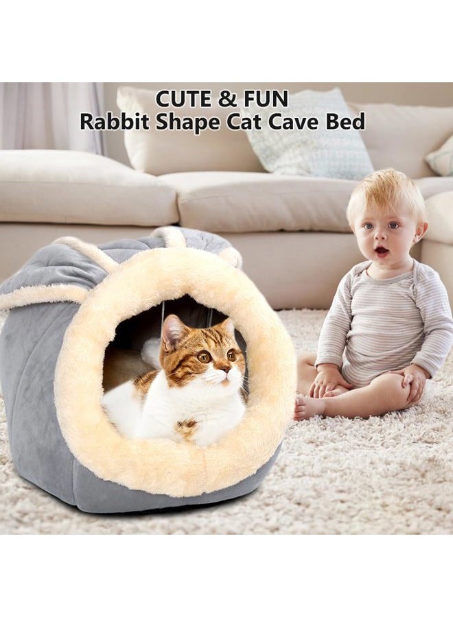 Lcybem Cat Beds for Indoor Cats - Rabbit-Shaped Cat Cave Bed with Hanging Toy,Super Soft Calming Pet Bed for Kitten&Puppy,Small Dog,Warm Plush&Machine Washable&Removable Cotton Pad,Cat Hideaway(Grey M) - Image 2