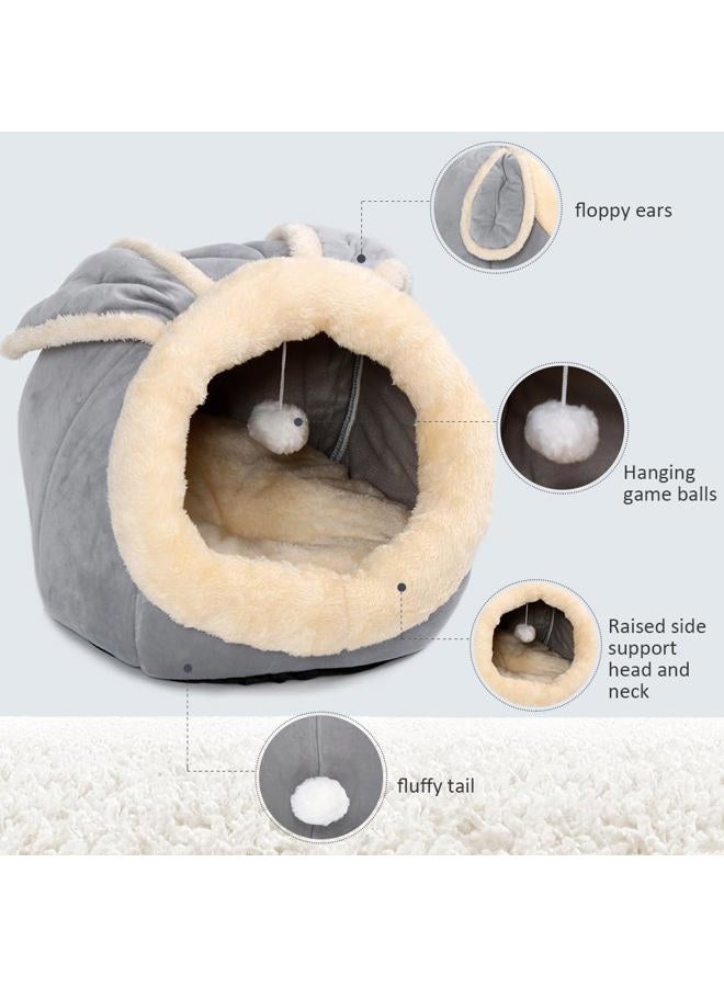 Lcybem Cat Beds for Indoor Cats - Rabbit-Shaped Cat Cave Bed with Hanging Toy,Super Soft Calming Pet Bed for Kitten&Puppy,Small Dog,Warm Plush&Machine Washable&Removable Cotton Pad,Cat Hideaway(Grey M) - Image 5