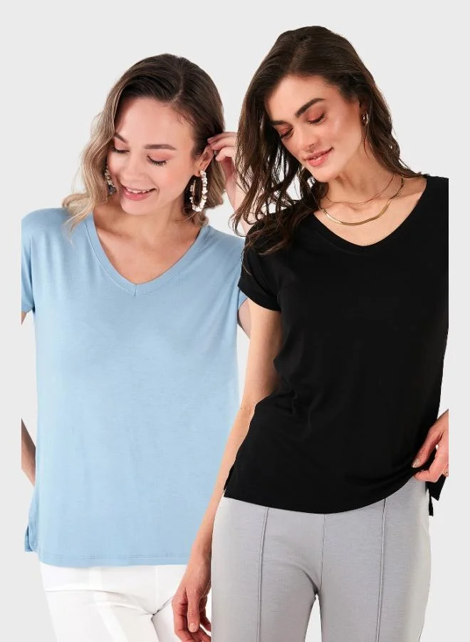 ليلا بلوزة نسائية بياقة على شكل حرف ، قصة مريحة، تفاصيل فتحات جانبية، عبوة من قطعتين