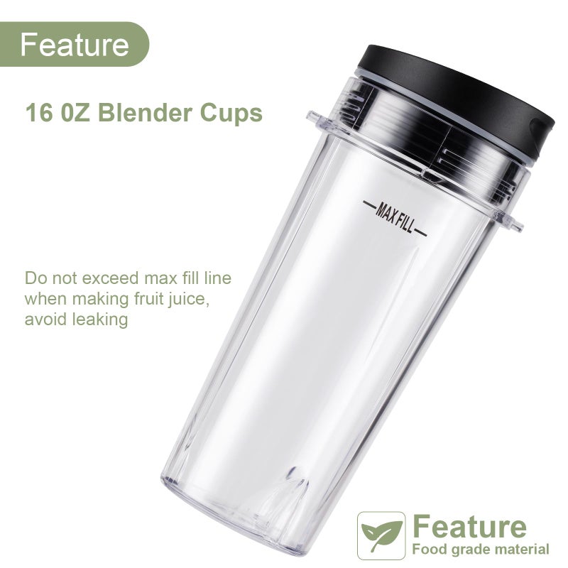 Equust 5-piece Blender Cups Replacement for Ninja Single Serve 16oz Cups with Sip & Seal Lids, 6 Fins Extractor Blade Compatible with Ninja Blenders Pro BL660 BL663 BL663CO BL665Q BL740 BL770 - Image 2