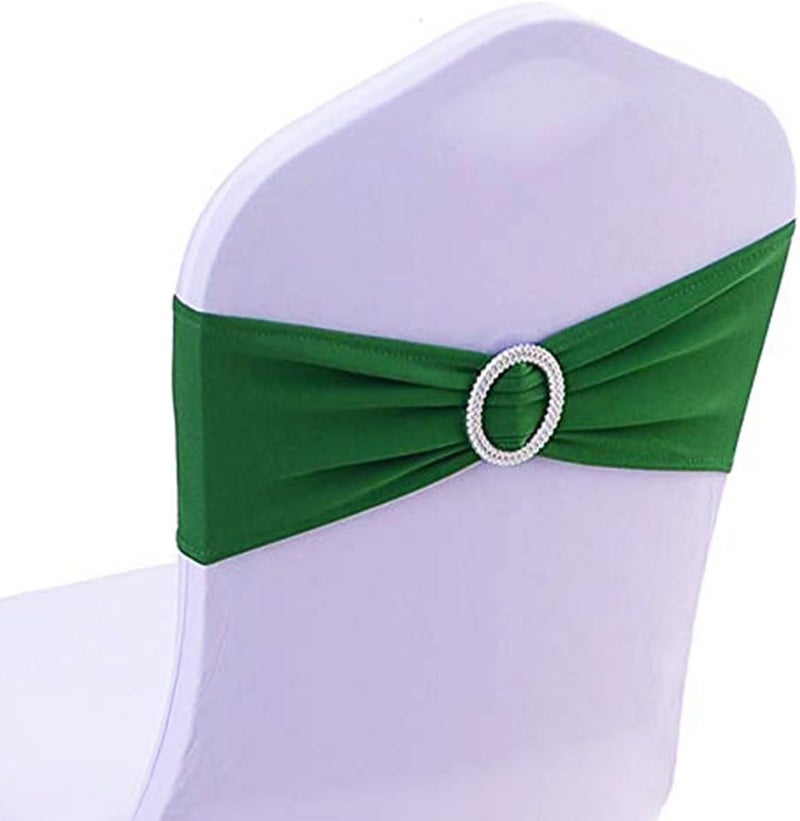 SINSSOWL 100 Pack Spandex Dark Green Chair Sashes for Wedding Stretch Chairs Bows Bands with Buckle for Party Birthday Banquets Engagement Christmas Events Decorations (Dark Green) - Image 1