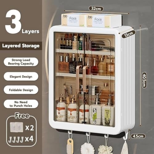 HEMIZA Plastic Self-Adhesive No-Drill Bathroom Shelf & Storage Cabinet with Stickers, Organiser for Bathroom, Essentials, Makeup, Skincare, Wall-Mounted Multi-Purpose Storage Cabinet (1 Pcs Cabinet) - Image 3