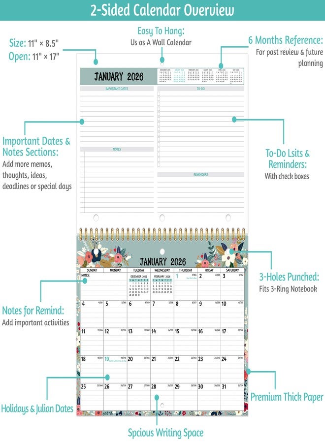 BowCuk 2026 Calendar - 2026 Wall Calendar, 11 x 8.5 In, Jan 2026 - Dec 2026, Small Monthly Calendar 2026, 3-Hole Punched Binder Calendar with Memo Pages, Ruled Blocks, Thick Paper, Holidays, To-dos ＆ Notes - Image 3